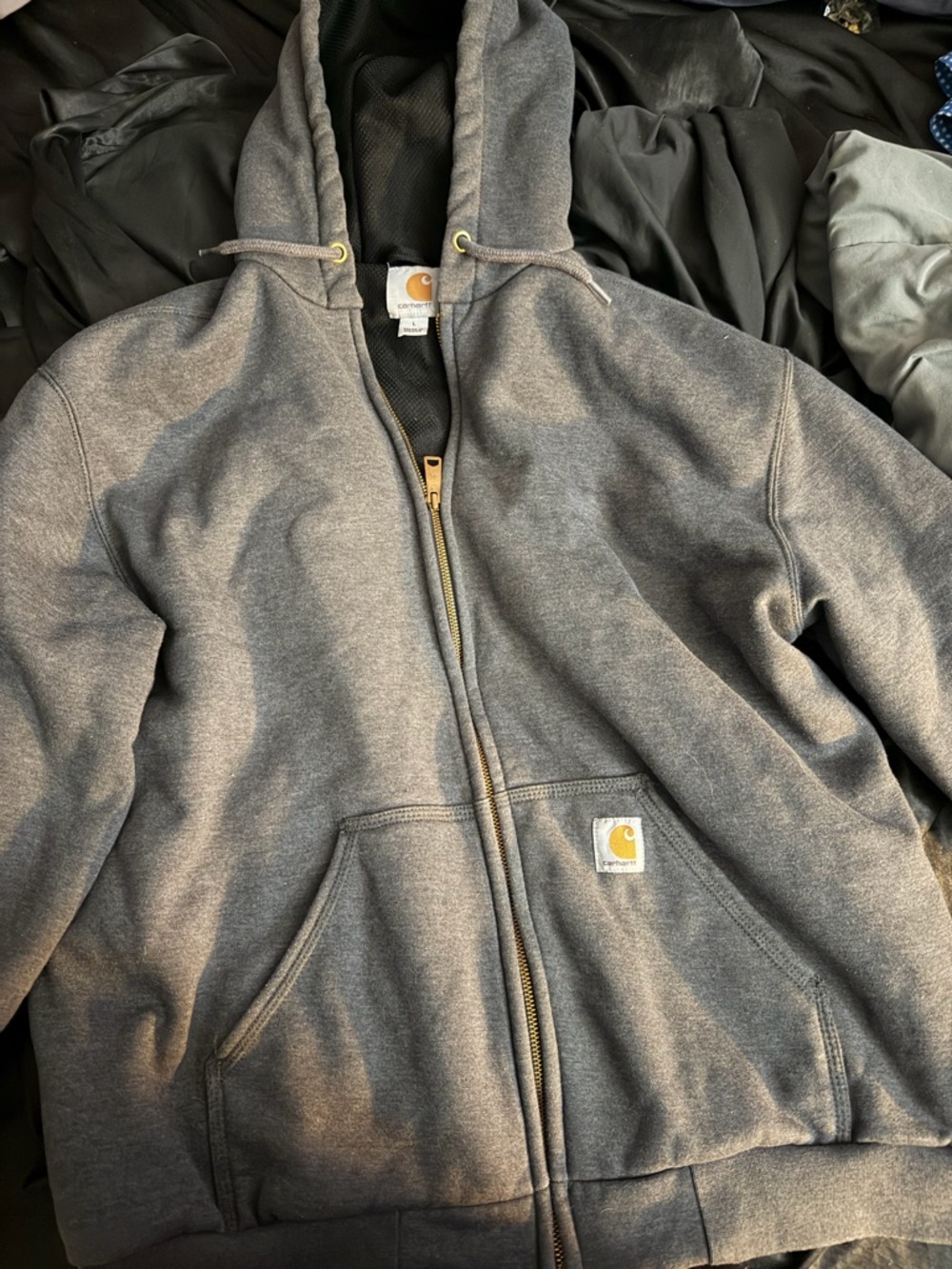 Carhartt Dark Gray Full-Zip Hooded Jacket with Gold Hardware